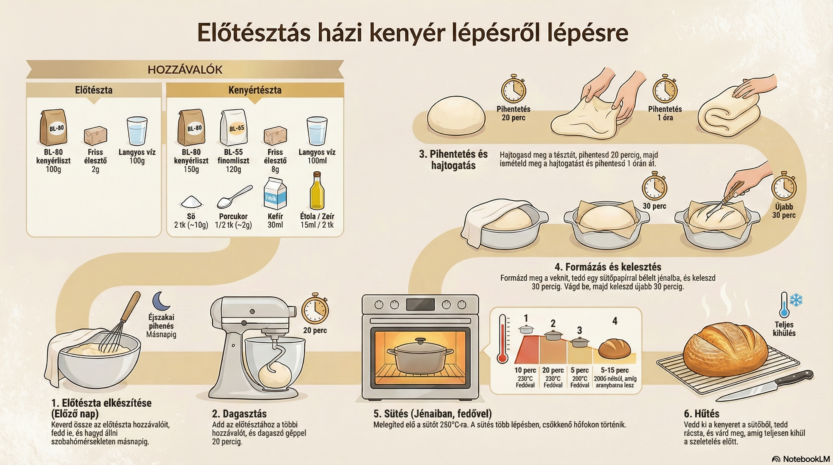 Előtésztás kenyér sütés infó grafika